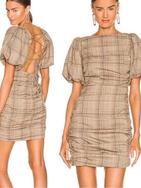 MAJORELLE  BACK LACE PUFF SLEEVES DARLENE DRESS IN TAN PLAID SIZE SMALL
